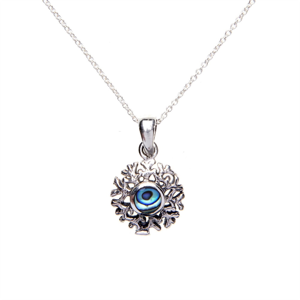 Sterling Silver Abalone Shell Snowflake Pendant Necklace Curb Chain