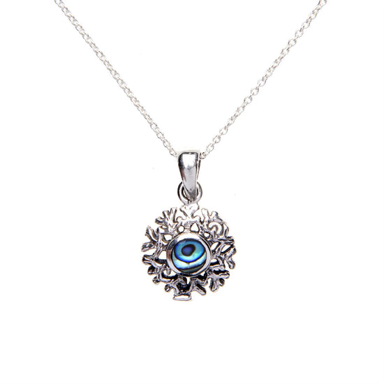 Sterling Silver Abalone Shell Snowflake Pendant Necklace Curb Chain