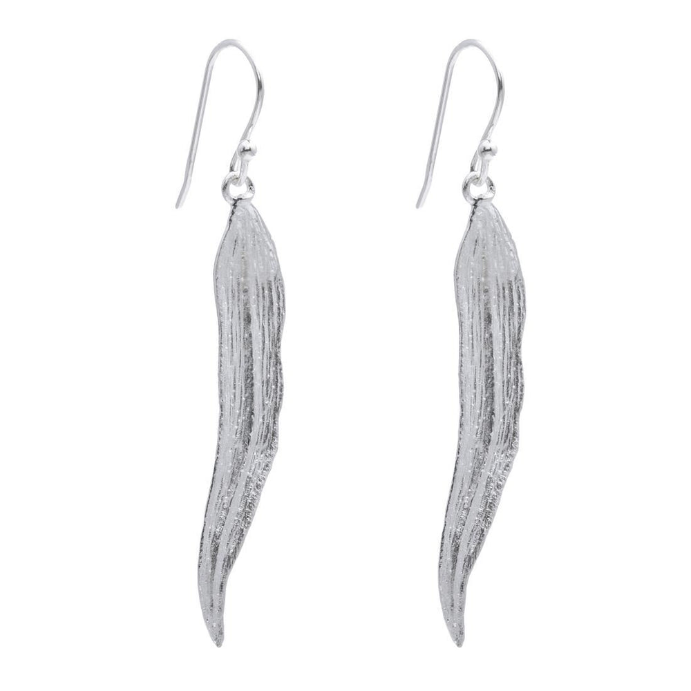 Sterling Silver Satin Finish Elegant Long Feather Leaf Drop Earrings