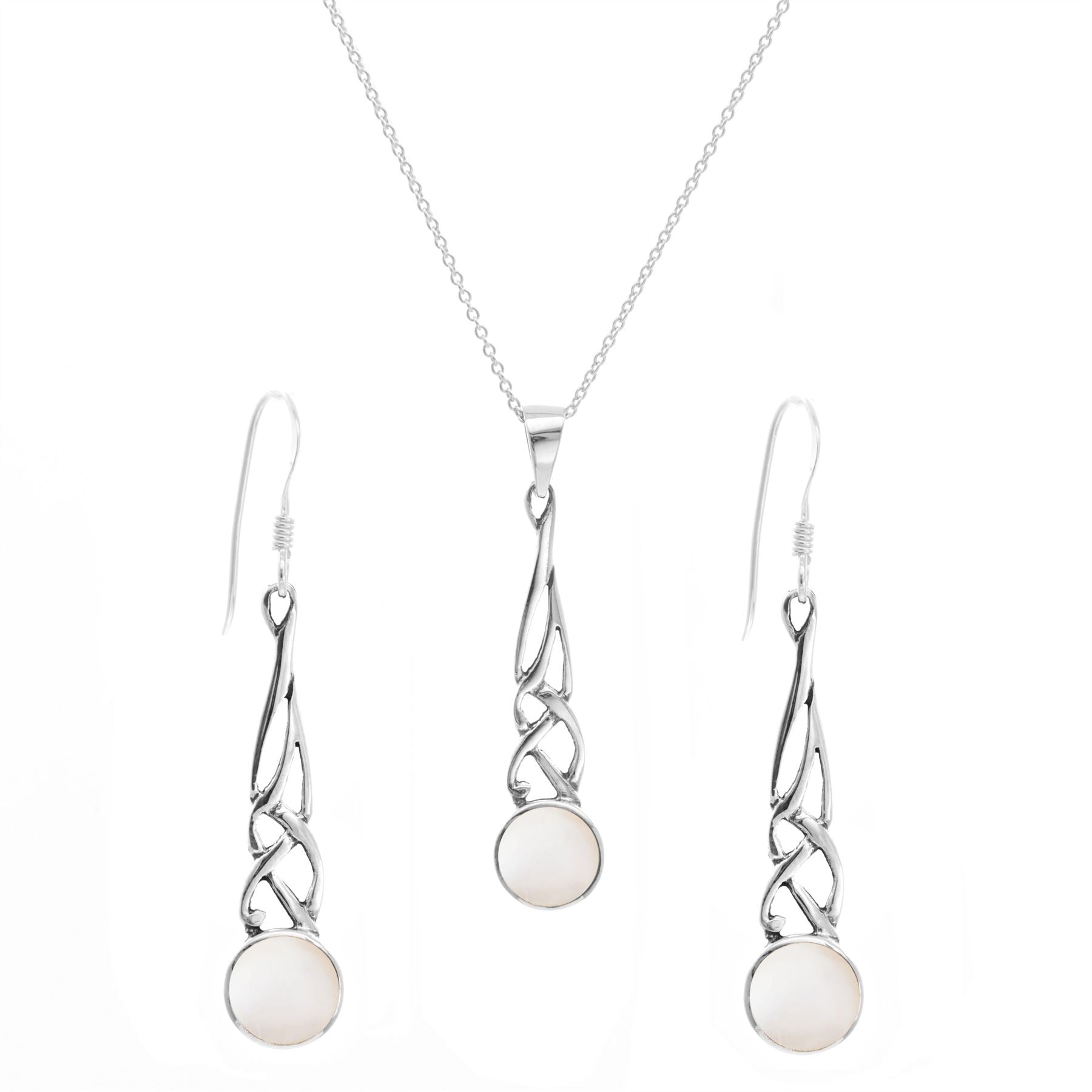 Sterling Mother Pearl Long Drop Celtic Knot Jewellery Set