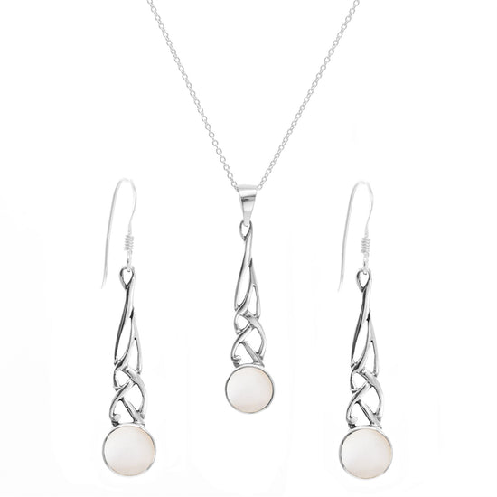 Sterling Silver Mother Pearl Long Drop Celtic Knot Jewellery Set