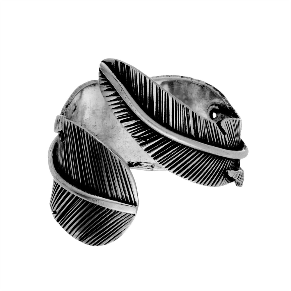 Sterling Silver Chunky Wide Detailed Leaf Feather Wrap Adjustable Ring