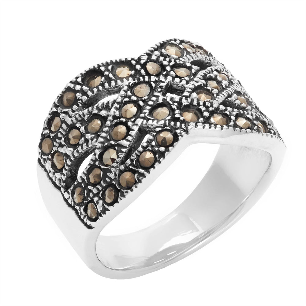 
                  
                    Sterling Silver Marcasite Wide Band Multi-Layer Crossover Braided Ring
                  
                