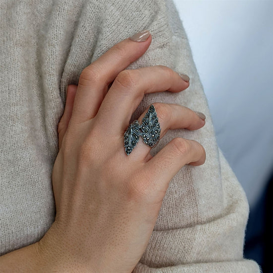 Sterling Silver Simulated Marcasite Feather Ring - Silverly