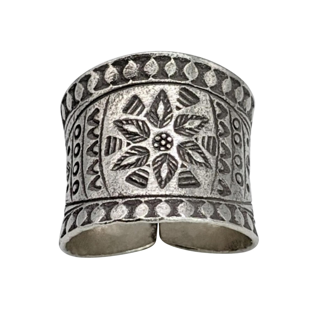 Hill Tribe Silver Wide Band Flower Motif Tribal Adjustable Ring