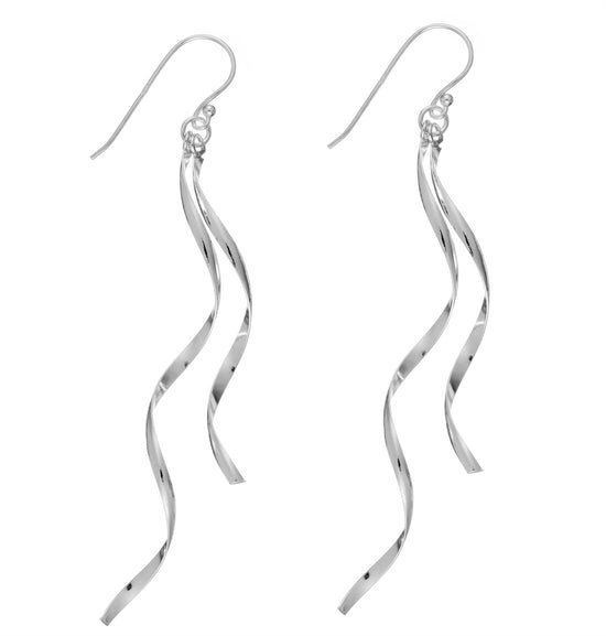 Sterling Silver Long Spiral Twist Ribbon Wavy Dangly Earrings