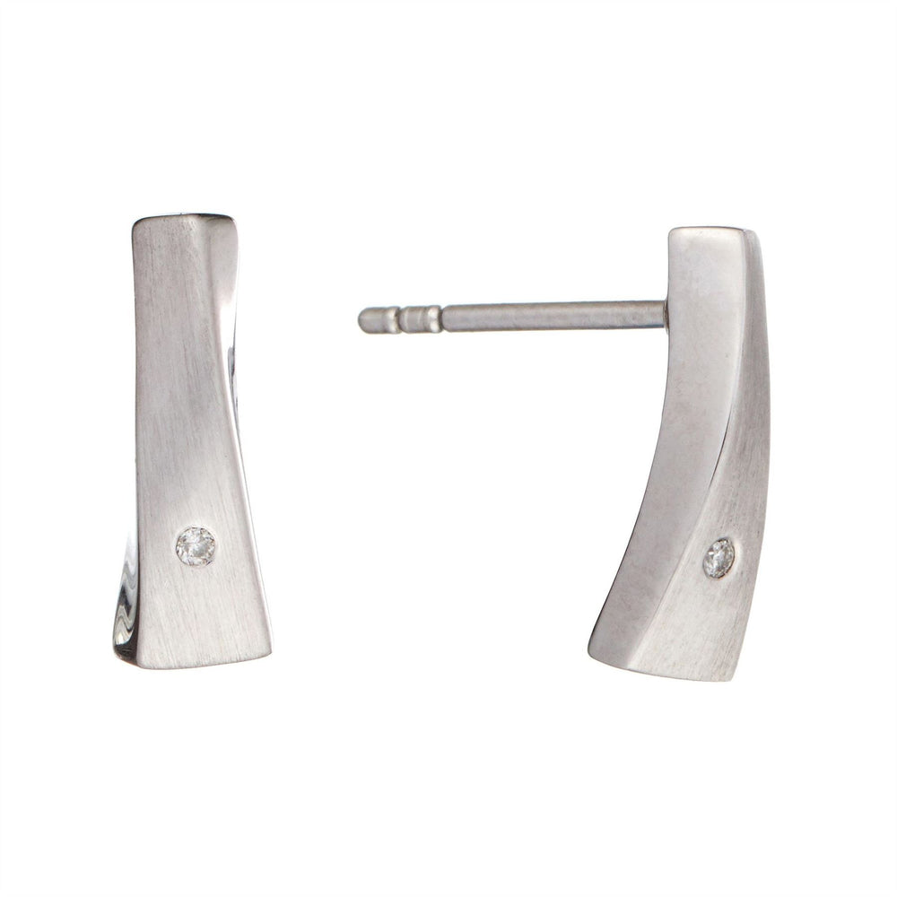 Satin Sterling Silver Stud Bar Earrings with Diamond - Silverly