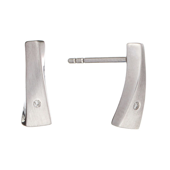 Sterling Silver Brushed Modern Bar Stud Earrings With Real Diamonds