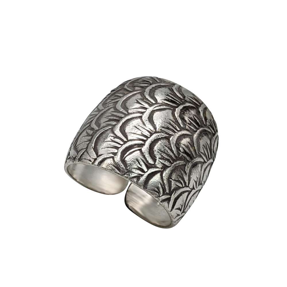 
                  
                    Hill Tribe Silver Art Deco Motif Fish Scales Dome Adjustable Ring
                  
                