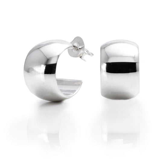 925 sterling silver small chunky huggie hoop earrings — smooth domed C-shape cuff hoops with butterfly back closure