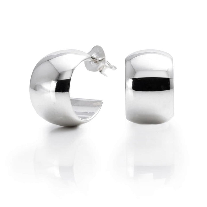 925 sterling silver small chunky huggie hoop earrings — smooth domed C-shape cuff hoops with butterfly back closure