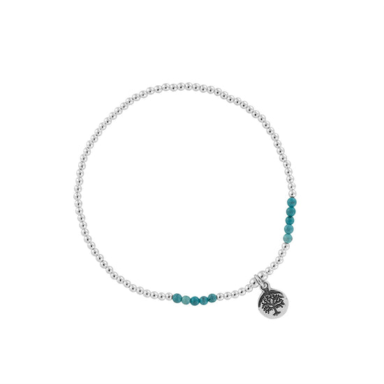 Sterling Silver Tree Charm Stretch Bracelet With Turquoise Beads