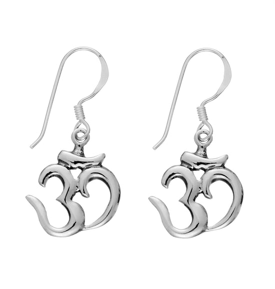 Sterling Silver Om Aum Dangle Earrings With Hooks Yoga Symbol Design