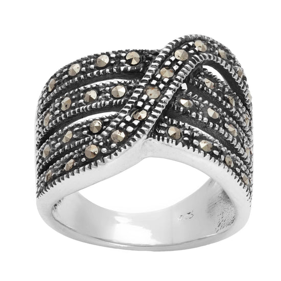 Sterling Silver Marcasite 20s Style Wide Crossover Multi-Layer Ring