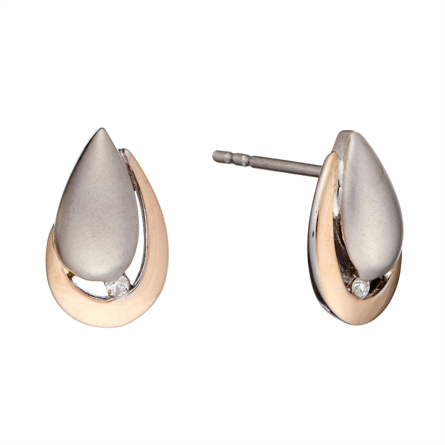 Plated Sterling Silver Brushed Teardrop Diamond Stud Earrings