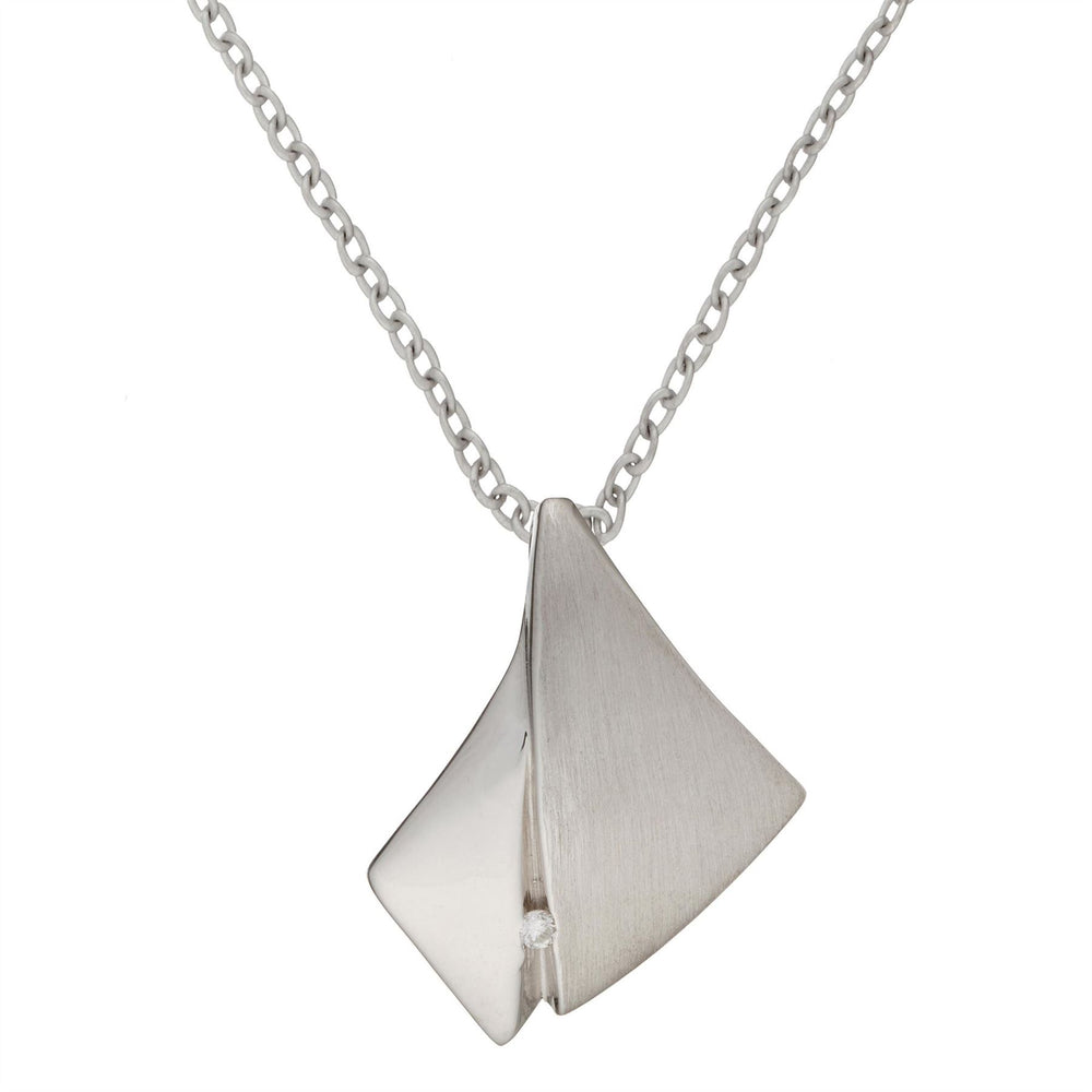 Sterling Silver Brushed Origami Kite Art Deco Pendant Diamond Necklace