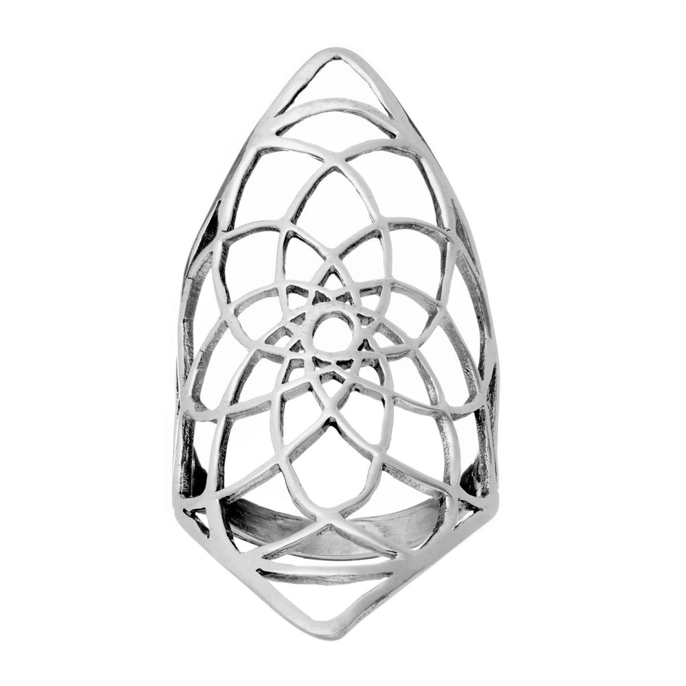 Sterling Silver Wide Cut-Out Flower of Life Armour Half-Finger Ring