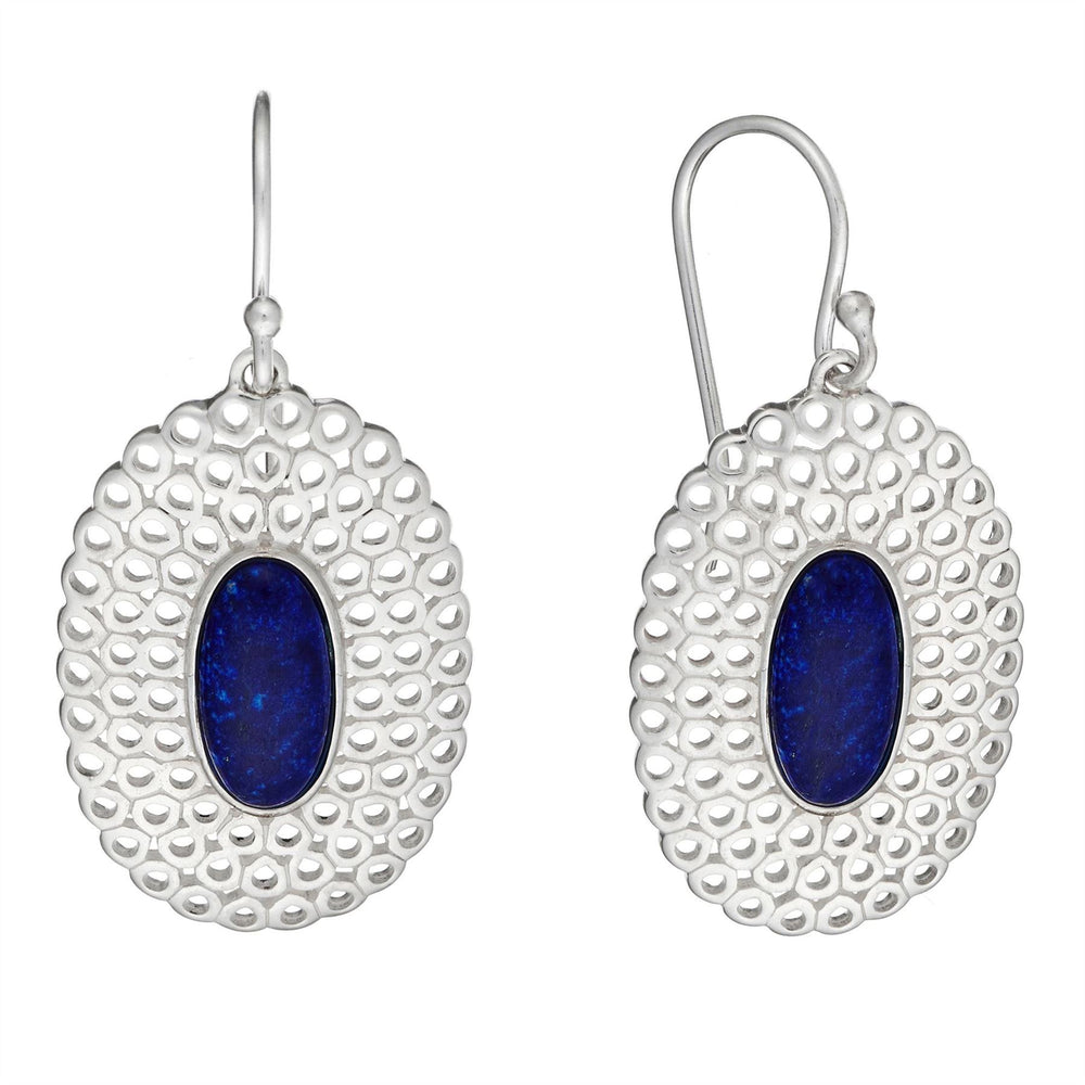 Sterling Silver Blue Lapis Lazuli Filigree Oval Dangle Earrings