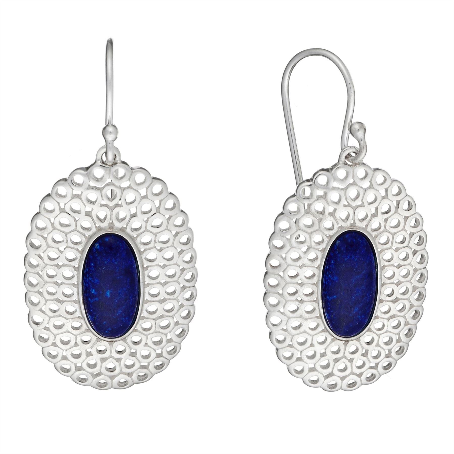 Sterling Silver Lapis Lazuli Filigree Oval Dangle Earrings