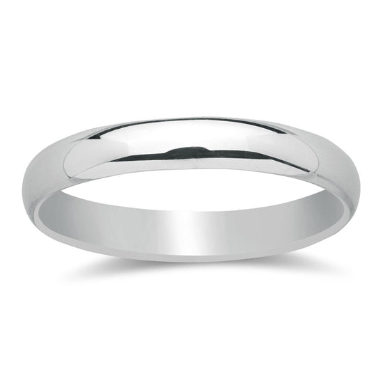 
                    
                      Close-up of sterling silver 3mm court wedding band — polished curved profile
                    
                  