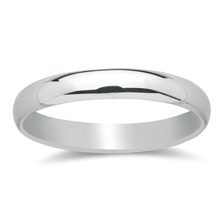 Close-up of sterling silver 3mm court wedding band — polished curved profile