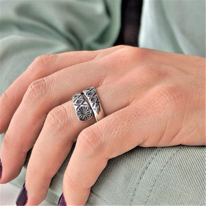 
                  
                    Karen Hill Tribe Silver Wraparound Engraved Flower Motif Ring
                  
                