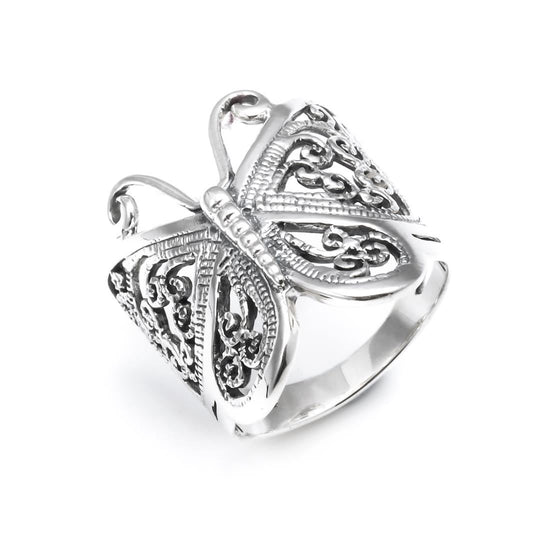 Filigree butterfly ring in 925 sterling silver — wide Y2K statement design