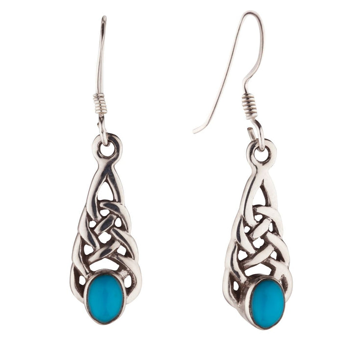 Sterling silver Celtic knot teardrop earrings with turquoise — 20mm boho French hook drops
