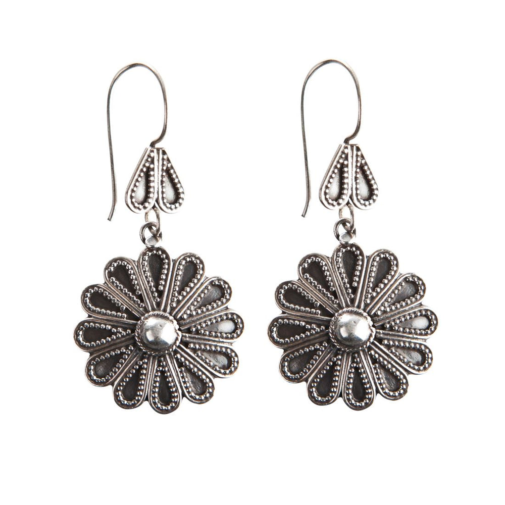 Sterling Silver Oxidised Boho Flower Dot Tribal Dangle Earrings