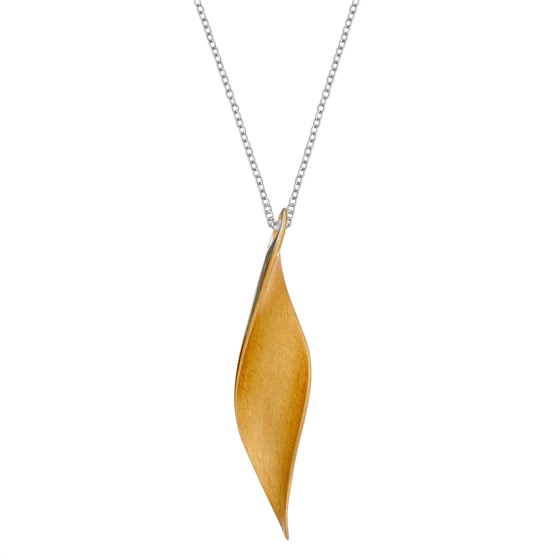 Brushed Plated Sterling Silver Curved Leaf Pendant Necklace