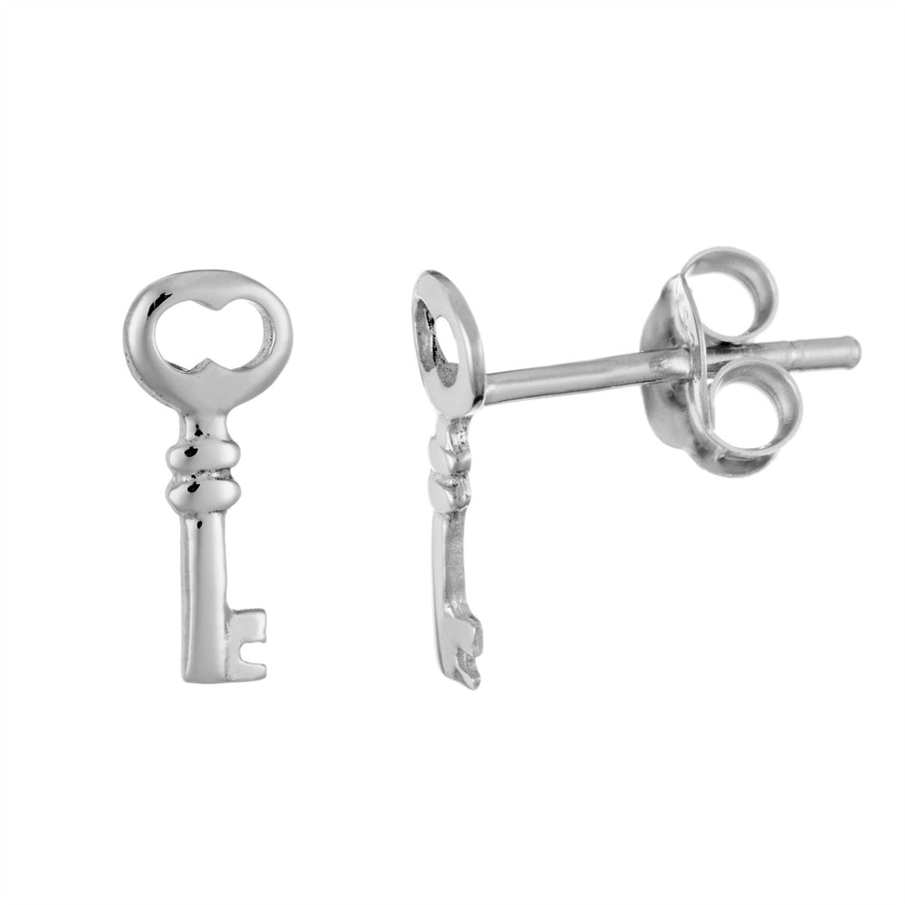 Sterling Silver Small Antique Key Stud Earrings Unique Tiny Studs