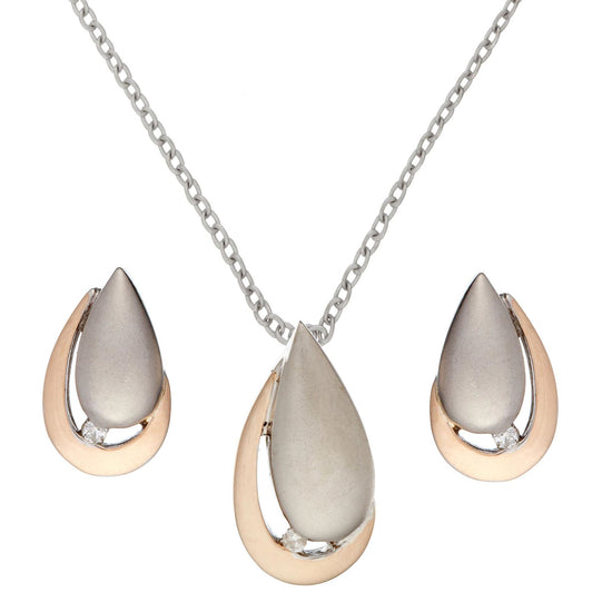 Gold Plated Sterling Silver Brushed Teardrop Diamond Jewellery Set