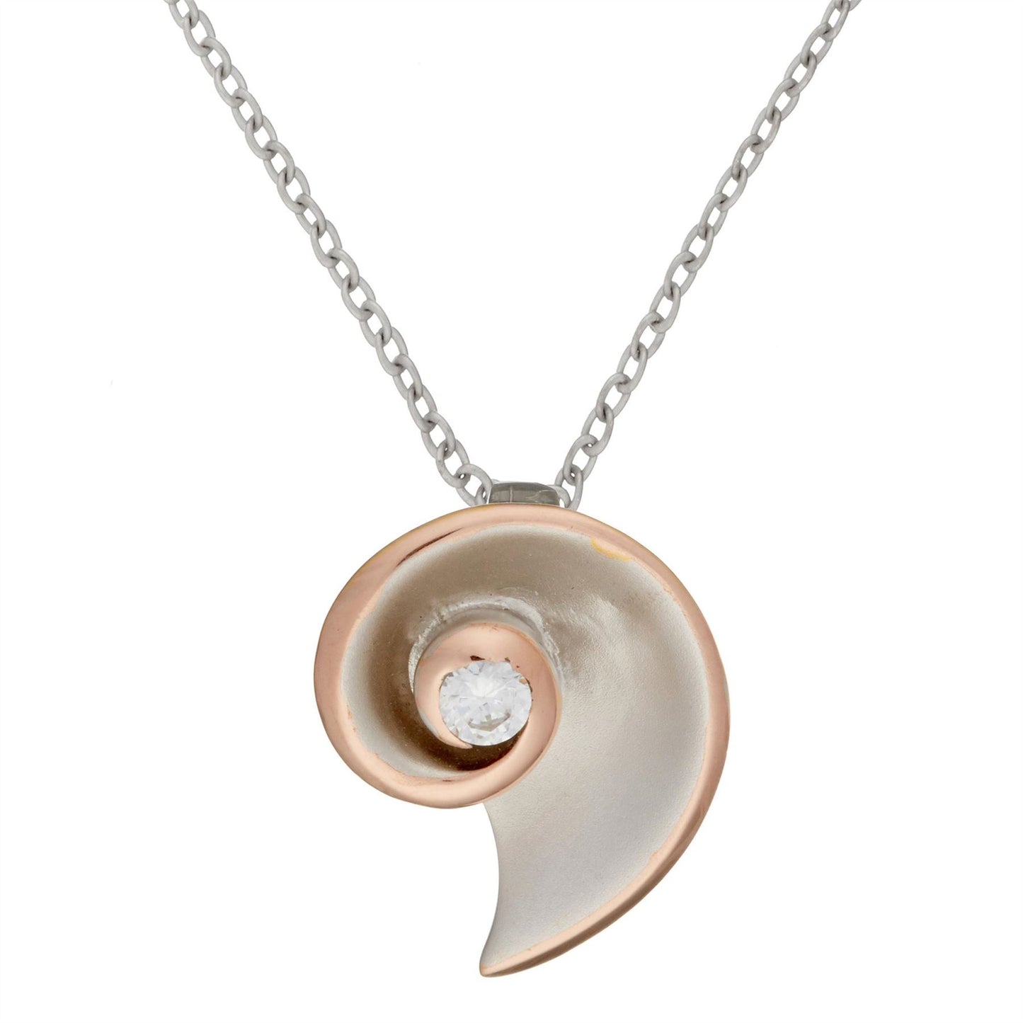 Rose Gold Plated Sterling Silver CZ Seashell Coil Pendant Necklace - Silverly