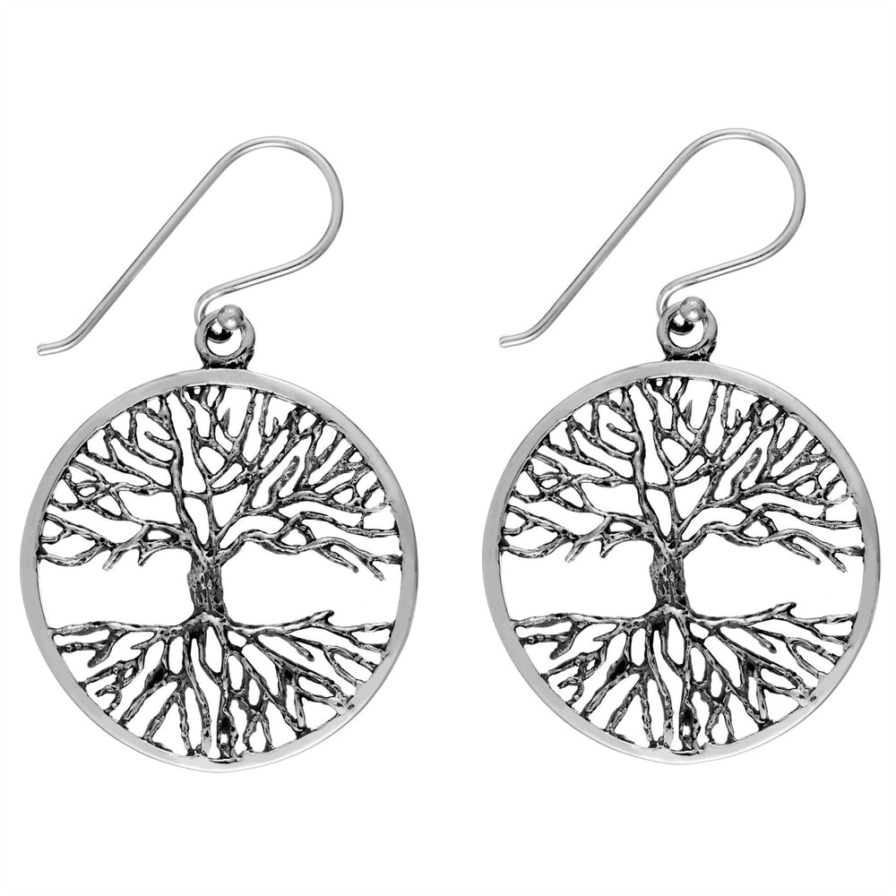 Sterling Silver Round Detailed Wiccan Tree of Life Dangle Earrings