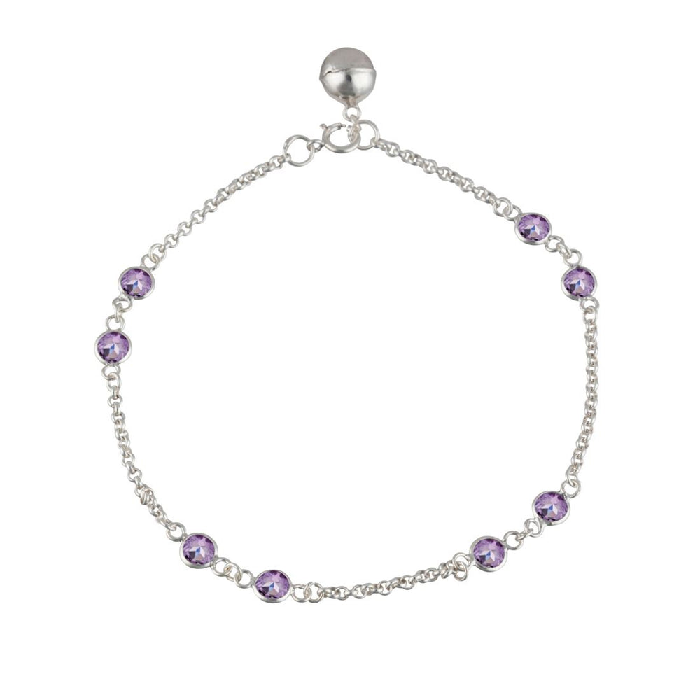 Sterling Silver Purple Cubic Zirconia Ankle Bracelet Chain Bell Anklet
