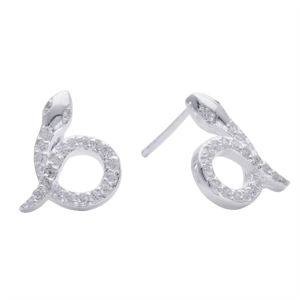 Sterling Silver Sparkly Cubic Zirconia Curled Snake Stud Earrings