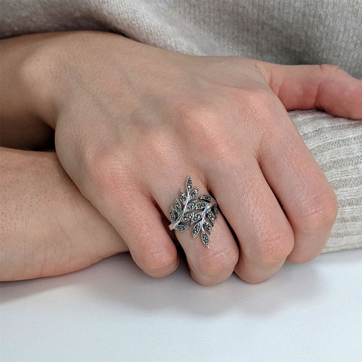 Sterling Silver Simulated Marcasite Overlapping Leaf Ring - Silverly