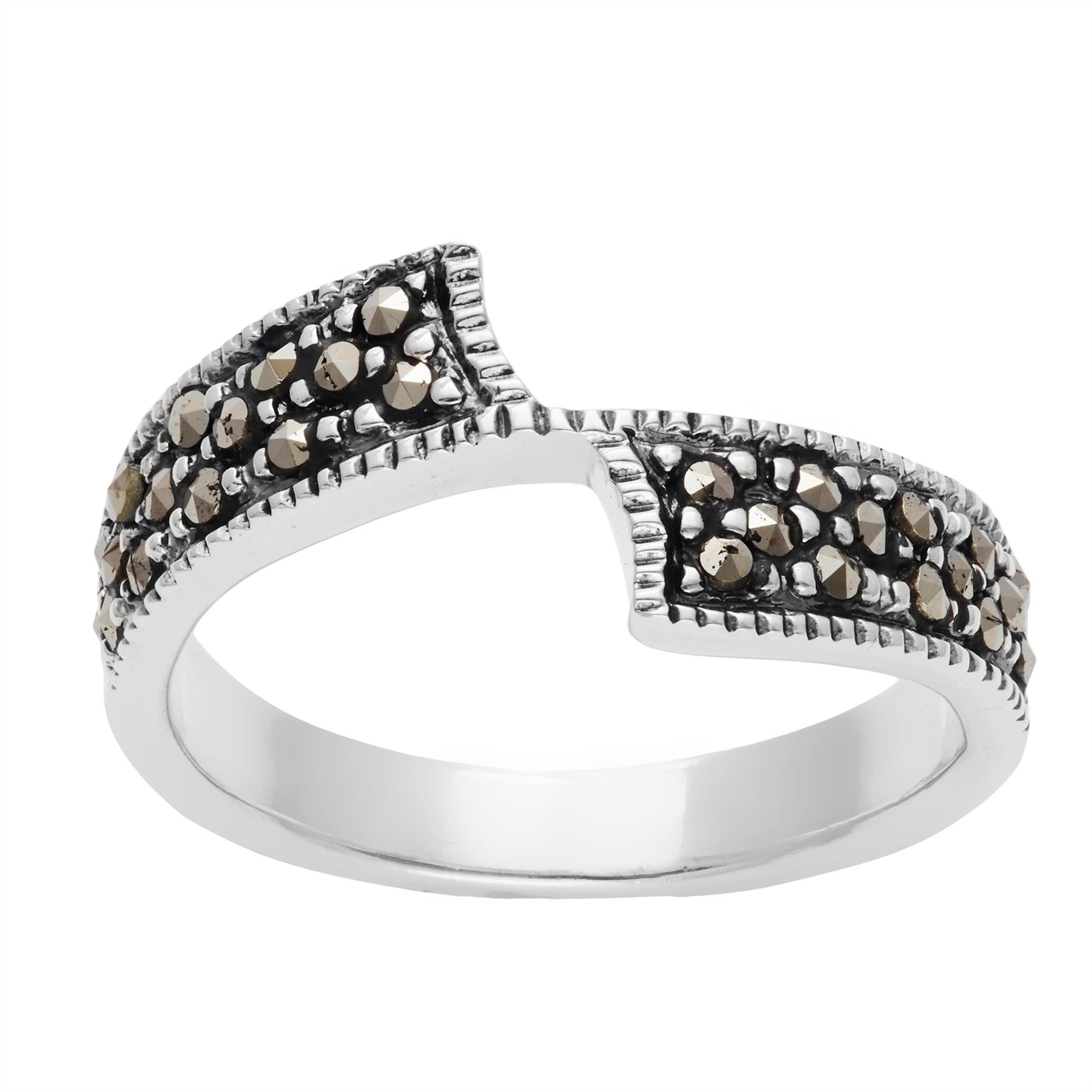Sterling Marcasite Bypass Ring Art Deco Band