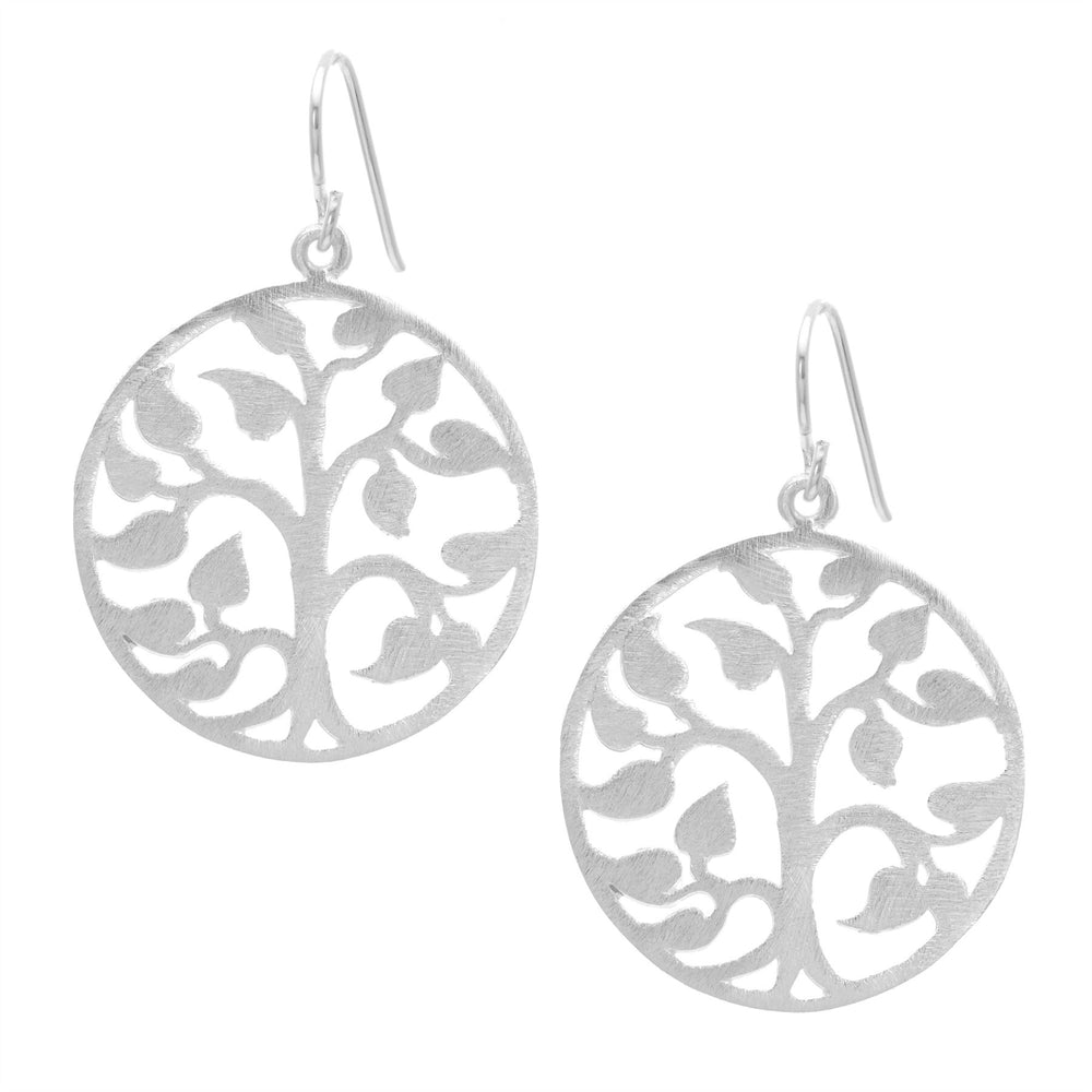 Sterling Silver Satin Finish Cut-Out Filigree Tree Leaf Dangle Earrings