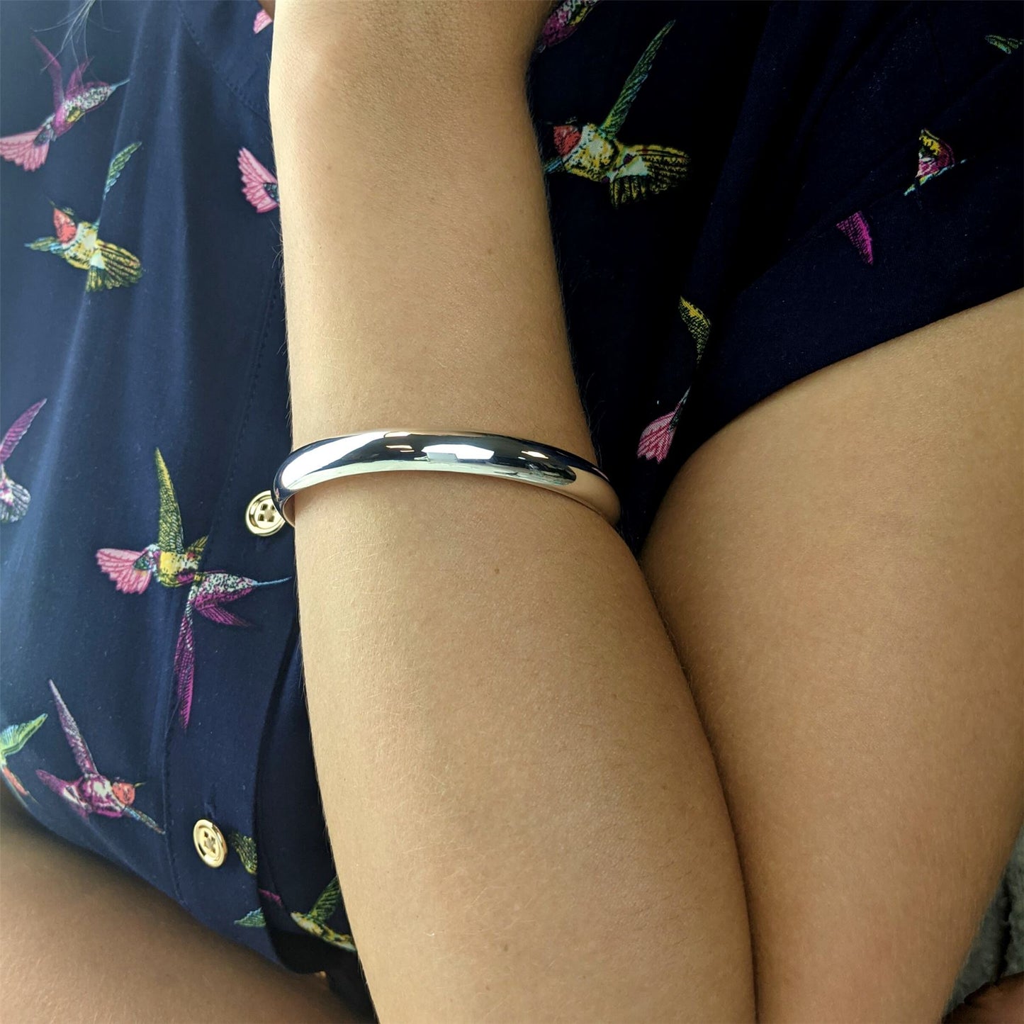 Chunky sterling silver bangle bracelet for women — 12mm wide D-shape band in 925 silver