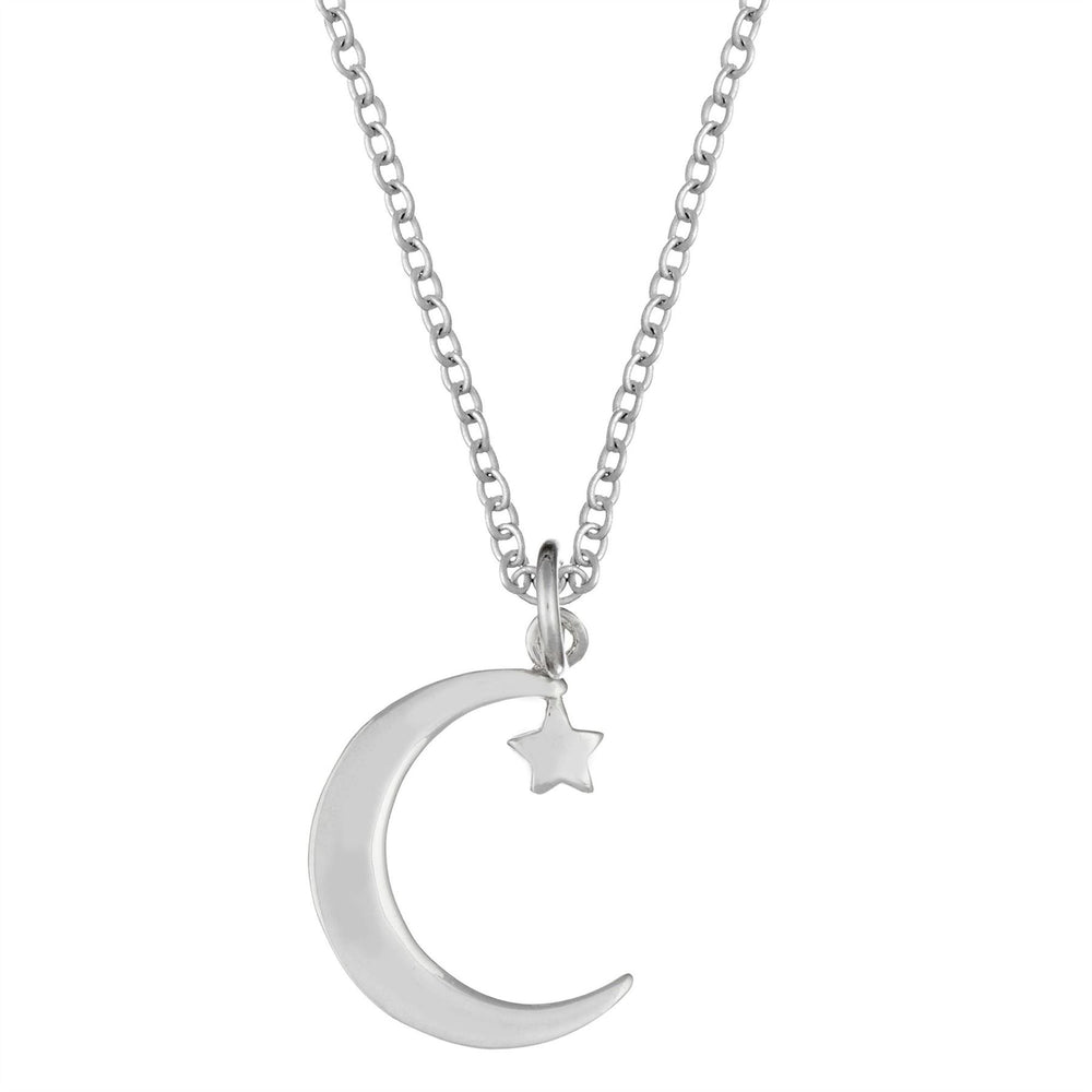 Sterling Silver Crescent Moon and Star Pendant Necklace Curb Chain
