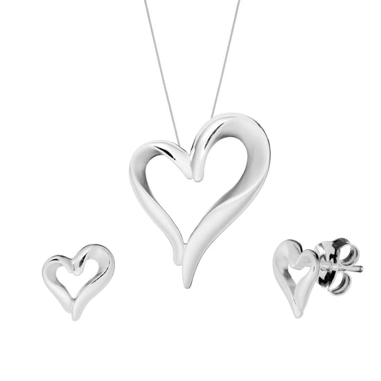 Sterling Silver Brushed & Polished Curved Open Heart Jewellery Set