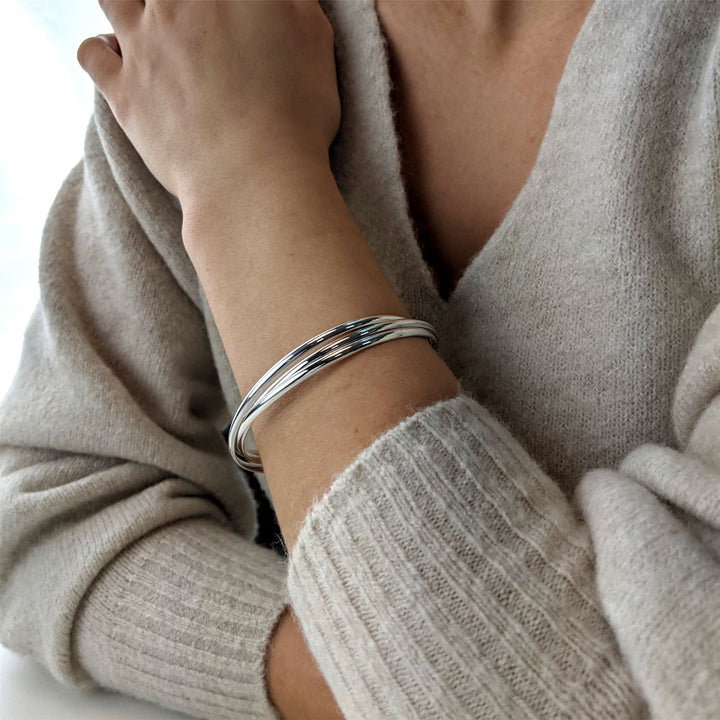 Sterling silver bangle set of 3 — stackable D-shape bracelets