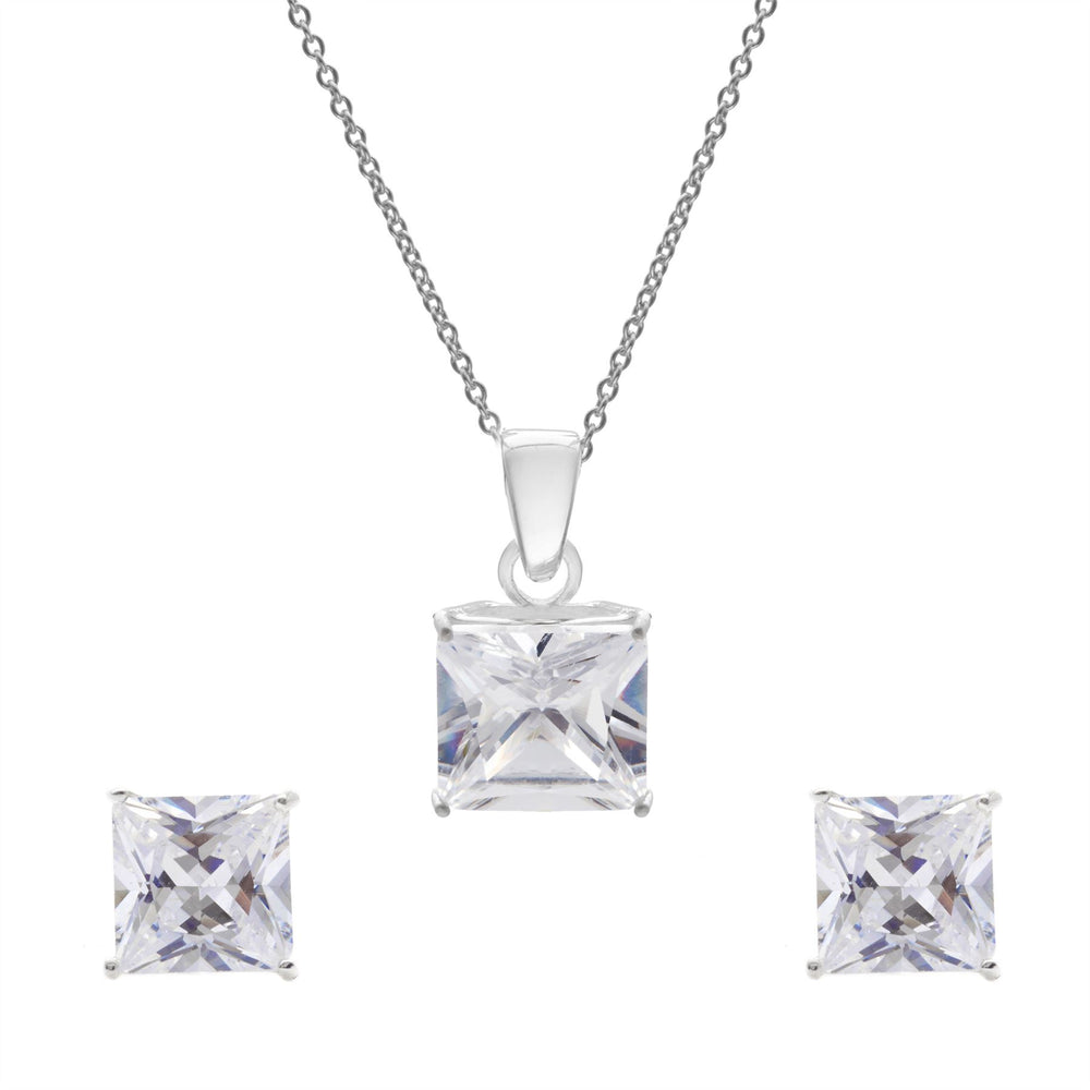 Sterling Silver Princess Cut Square Cubic Zirconia Studs Jewellery Set