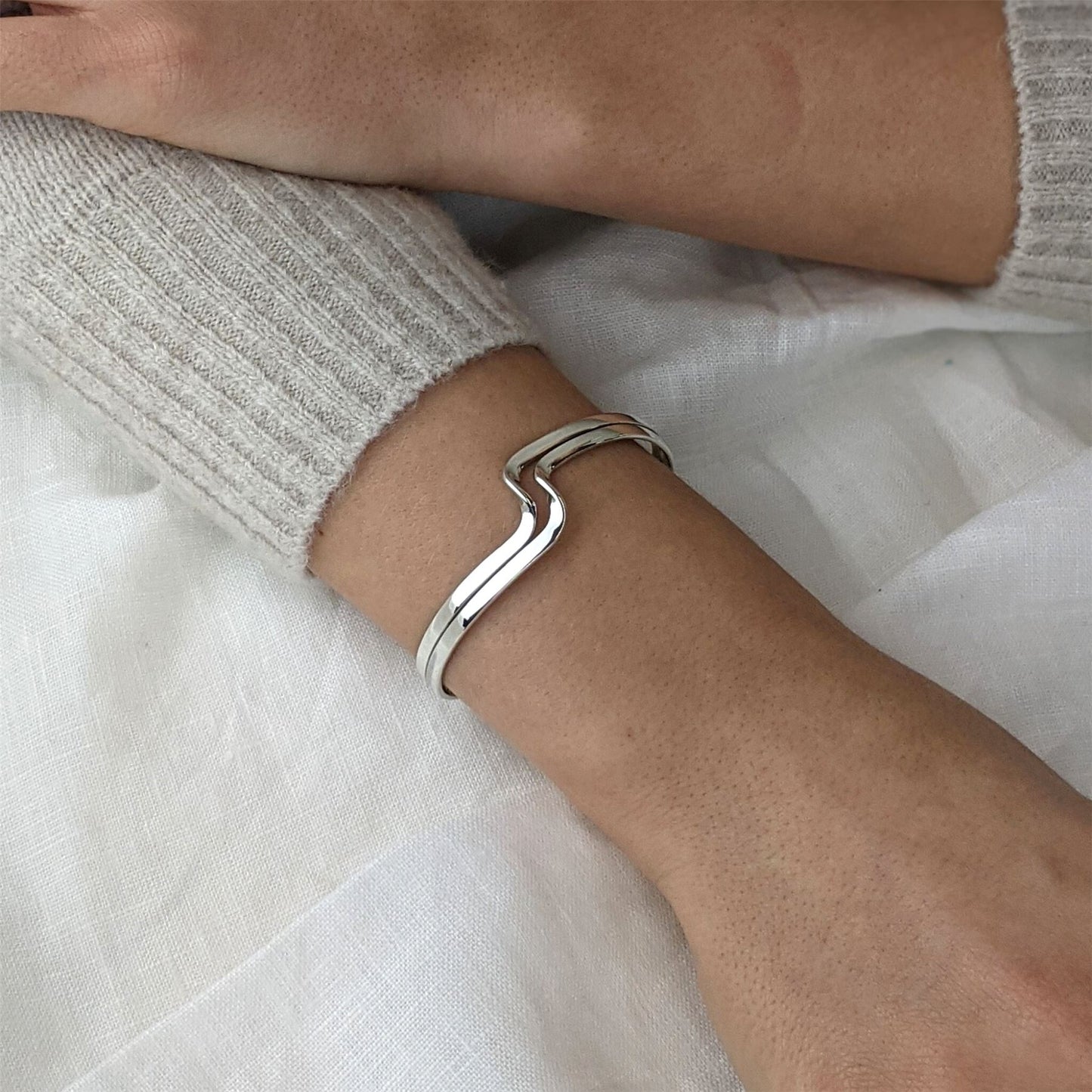 
                  
                    Sterling Silver Flat Double Row Twisted Band Twist Wave Cuff Bangle
                  
                