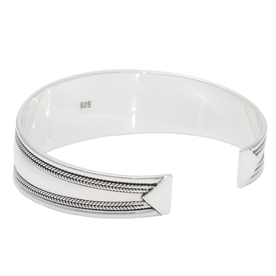Sterling Silver Rope Design Thick Cuff Bracelet - Silverly