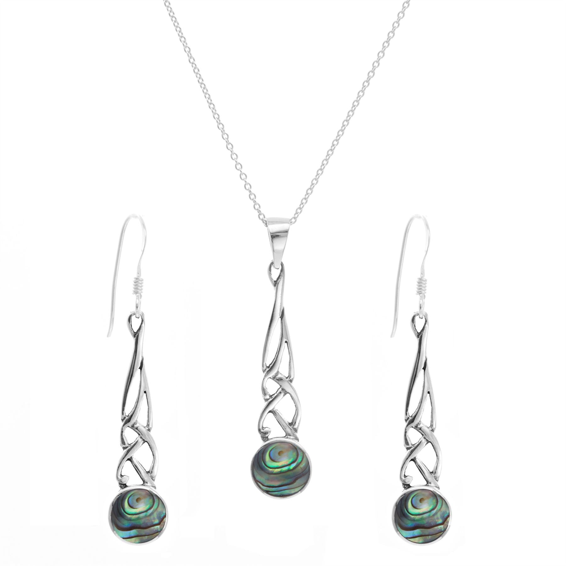 Sterling Abalone Shell Long Drop Celtic Knot Jewellery Set