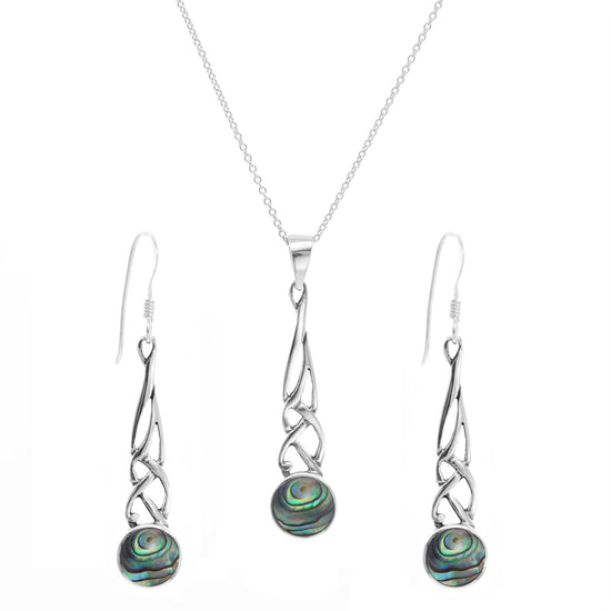 Sterling Silver Abalone Shell Long Drop Celtic Knot Jewellery Set
