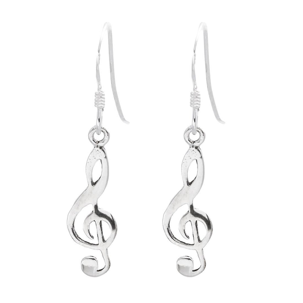 Sterling Silver Musical Note Treble Clef Drop Earrings With Hooks