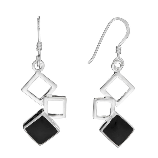 Sterling Silver Black Onyx Modern Square Geometric Dangle Earrings